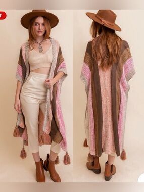 Boho Gypsy Chunky Knit Tassel Ruana Wrap Sweater Cardigan Poncho